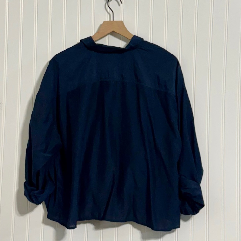 J.Jill Shirt Women L Large P Navy Blue Button Down Cotton Silk Blend Roll Tab - Picture 3 of 8